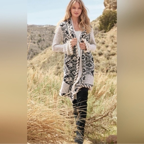 World Market Long Cardigan Fur Trim Sweater Duster Boho Fringe Size M/L  Hippie - Picture 1 of 9